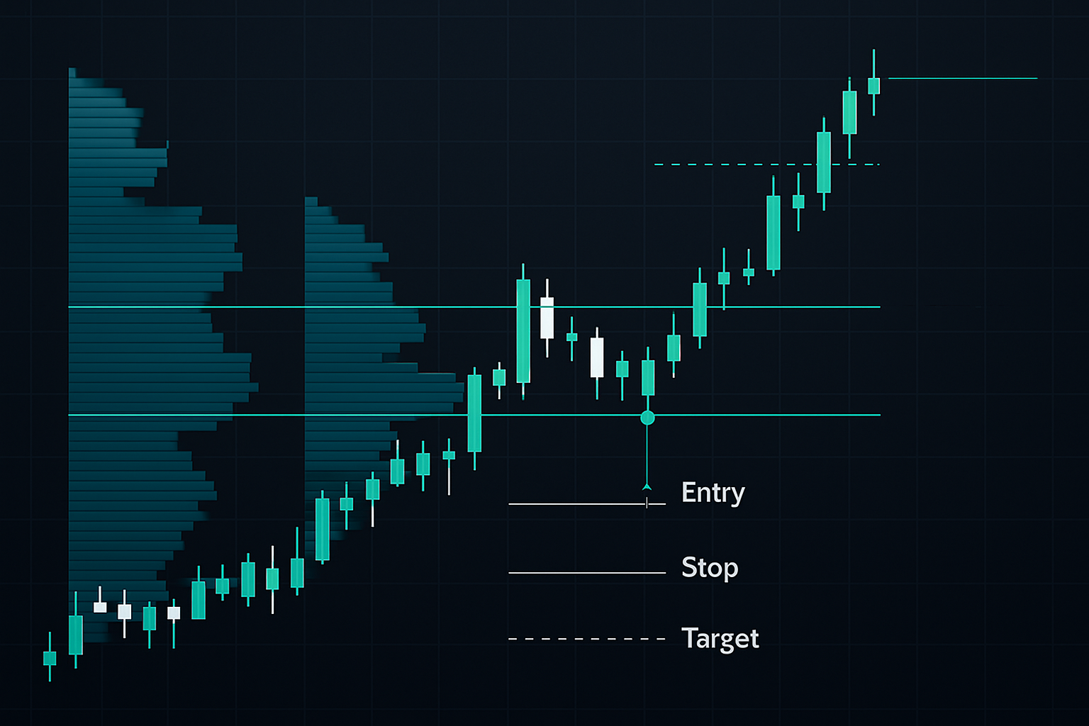 Composite value area squeeze setup with 1:3 risk/reward